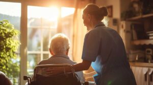 Two older adults calmly speaking with a staff member in a bright assisted living lounge.