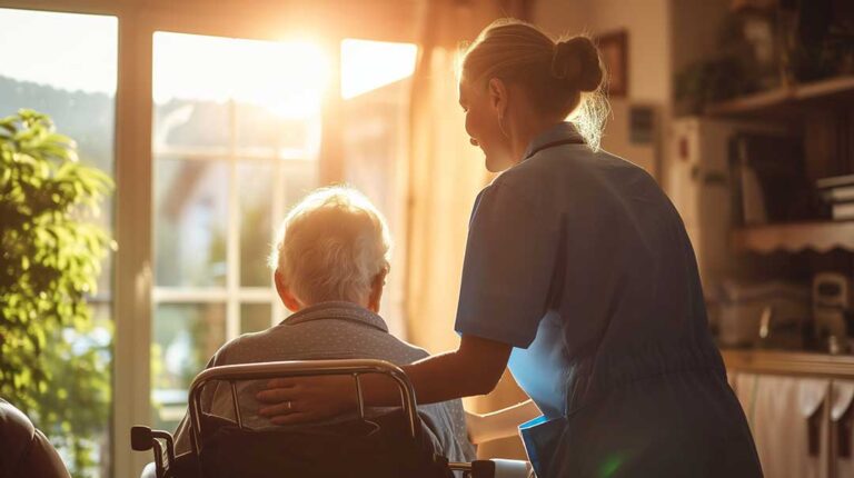 Two older adults calmly speaking with a staff member in a bright assisted living lounge.