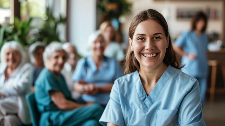 Older adults and a caregiver discussing daily routines at a table in a bright assisted living apartment.